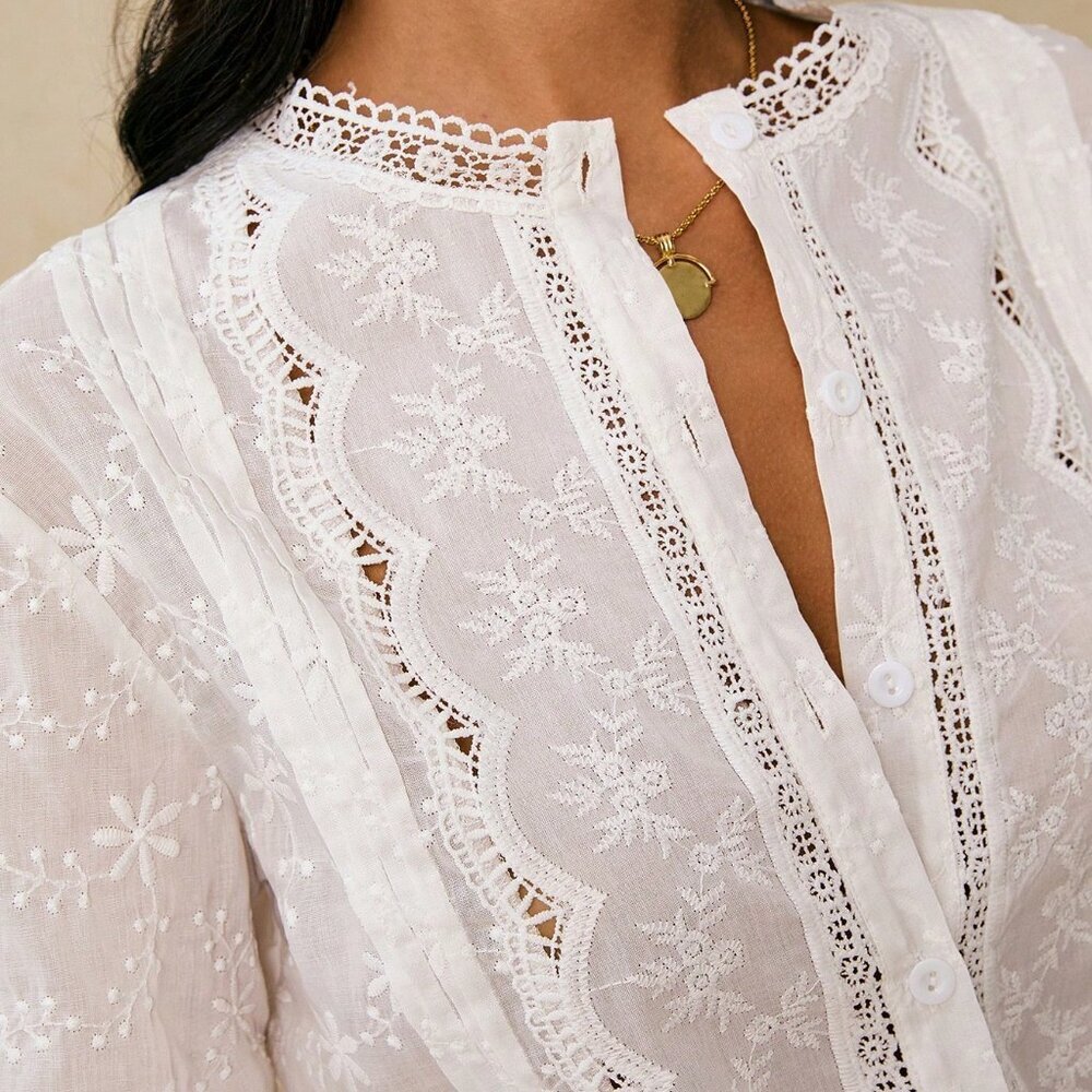 White Boho Women's Elegant Long Sleeve Blouse - Picture 5 of 7